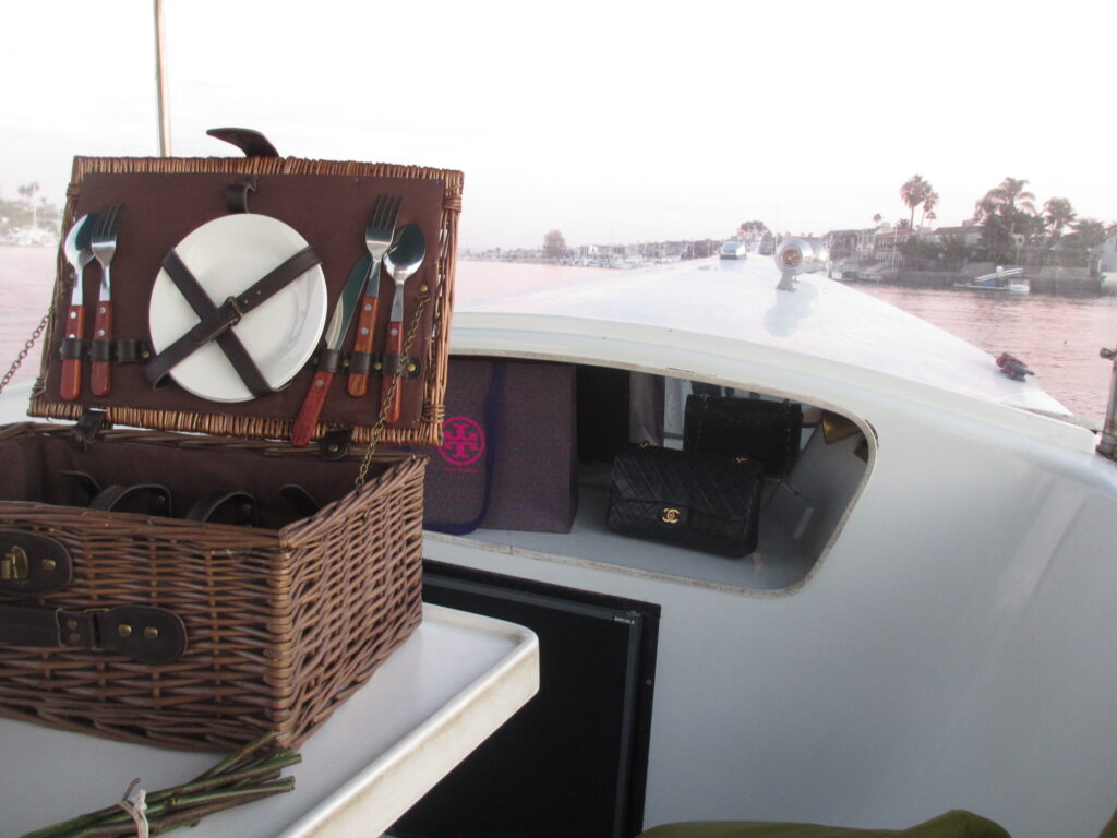picnic basket on a duffy boat