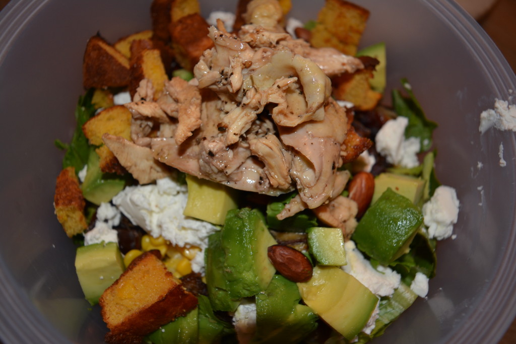 roasted chicken salad with corn, avocado, goat cheese, dates cornbread and almonds Caitlin Hartley of Styled American
