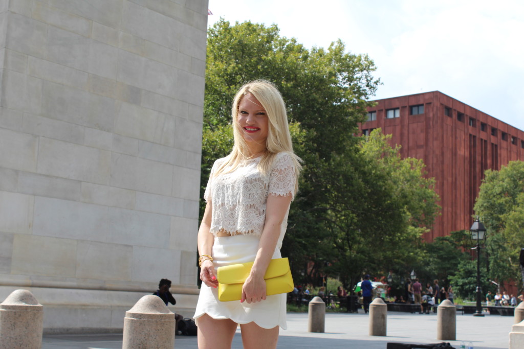 girl in white outfit with a red lip Caitlin Hartley of Styled American http://styledamerican.com/pop-of-yellow-2/