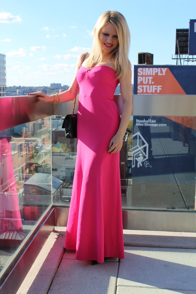 Caitlin Hartley of Styled American girl in a gown on a NYC rooftop
