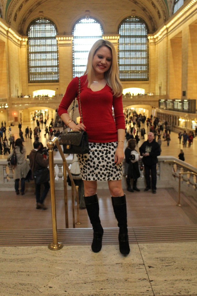 Caitlin Hartley of Styled American polka dot skirt, black boots