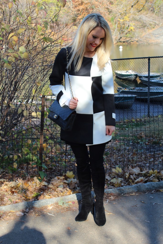 Caitlin Hartley of Styled American black and white color block coat