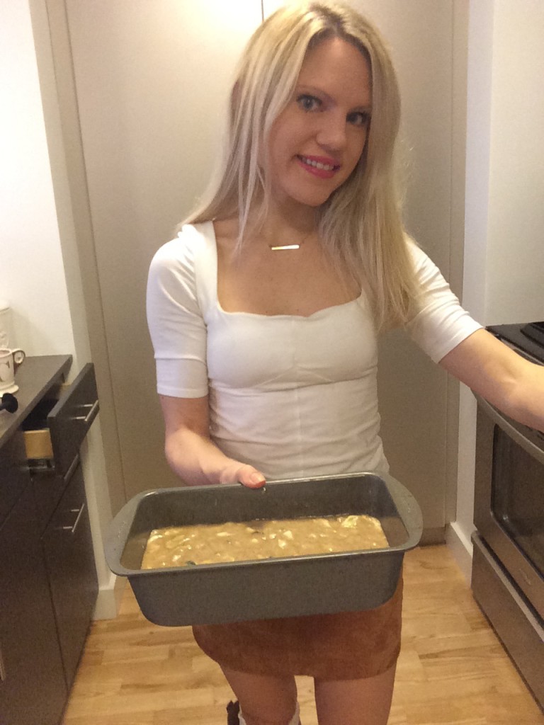 Caitlin Hartley of Styled American zucchini bread mixture in baking dish ready to be baked