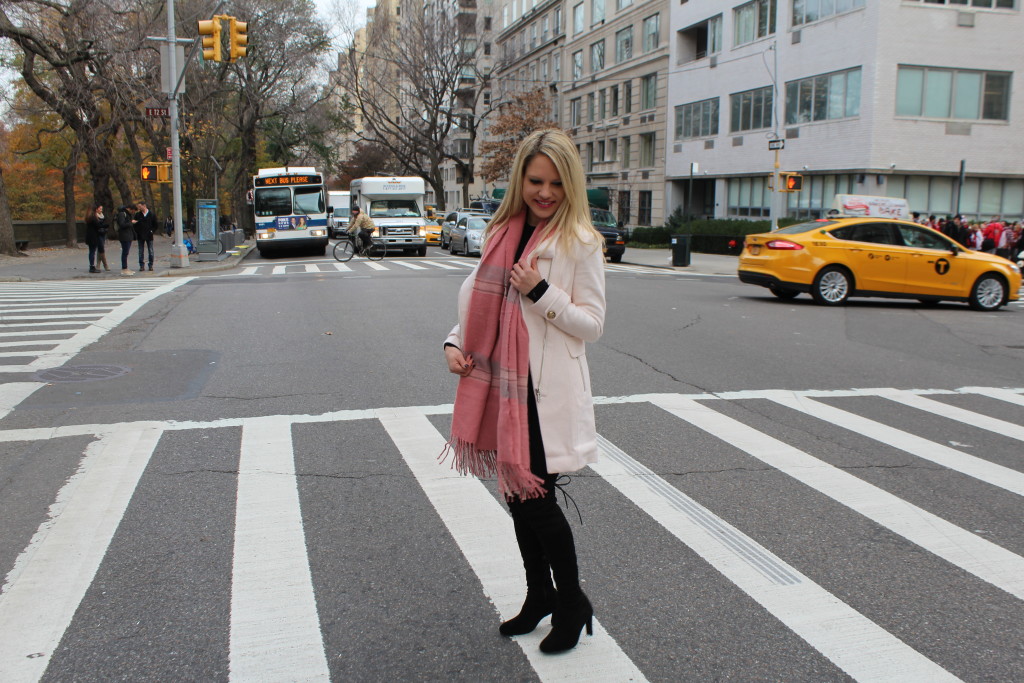 Caitlin Hartley of Styled American, pink coat and pink scarf