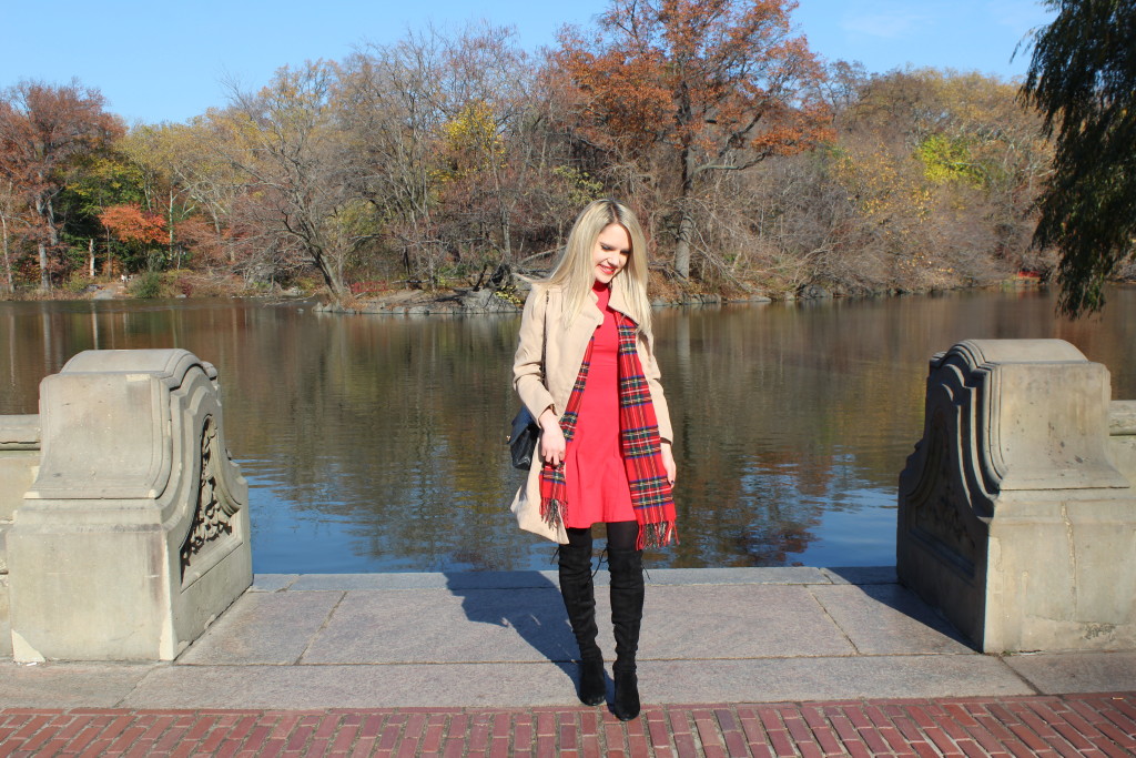 Caitlin Hartley of Styled American red dress, black tights, over the knee boots