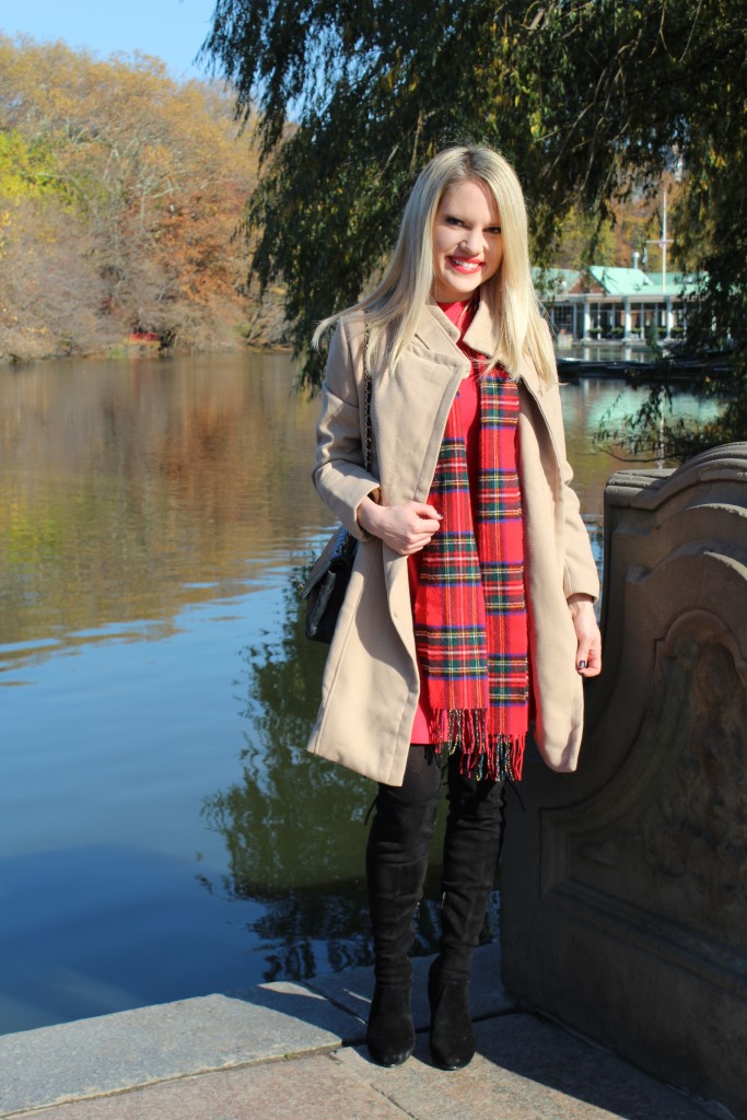 Caitlin Hartley of Styled American winter style, red dress, holiday plaid, tan coat