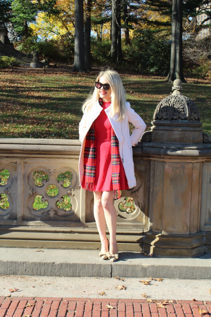 Caitlin Hartley of Styled American red dress, red plaid scarf, nude bow pumps