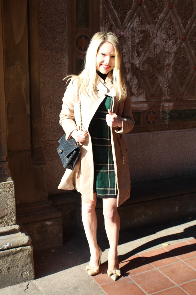 Caitlin Hartley of Styled American winter style, green plaid dress