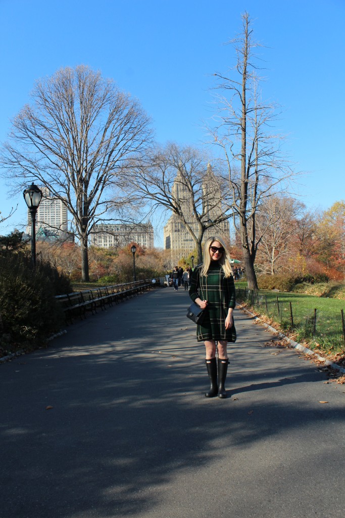Caitlin Hartley of Styled American plaid emerald dress in Central Park