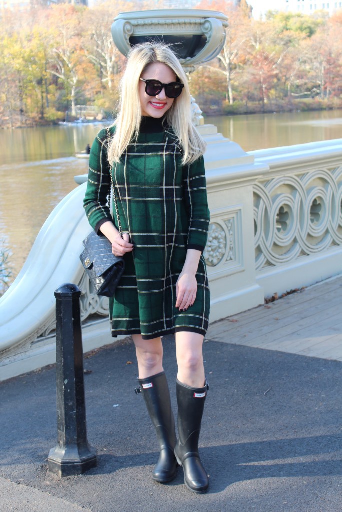Caitlin Hartley of Styled American, emerald plaid Winter dress