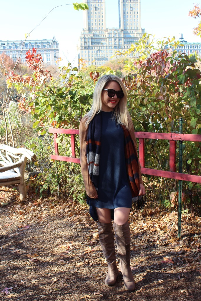 Caitlin Hartley of Styled American navy swing dress, preppy scarf
