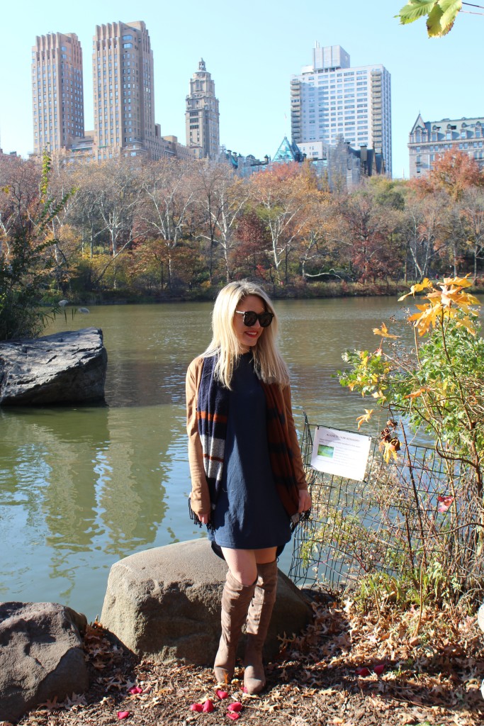 Caitlin Hartley of Styled American girl in Central Park in navy and tan Winter outfit