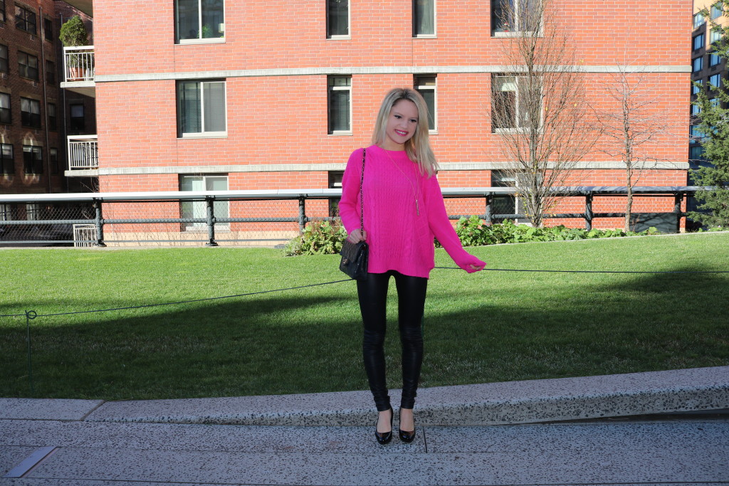 Caitlin Hartley of Styled American pink over-sized sweater, liquid leggings
