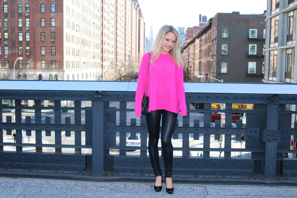 Caitlin Hartley of Styled American hot pink ralph lauren sweater, leggings and black pumps