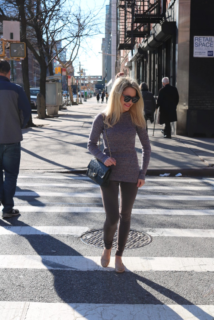 Caitlin Hartley of Styled American casual style, long purple sweater