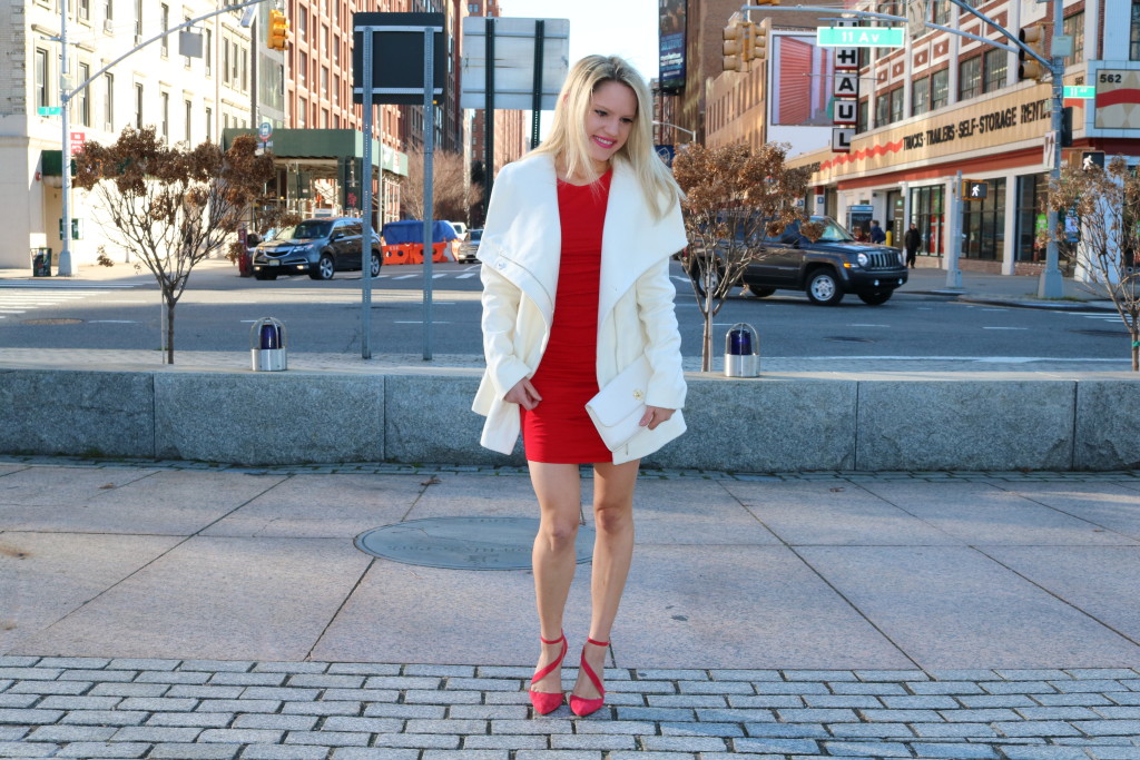 Caitlin Hartley of Styled American red dress, white coat, white clutch, red pumps