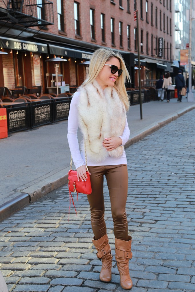 Caitlin Hartley of Styled American winter fashion, white long sleeve top and faux fur