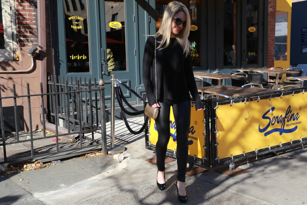 Caitlin Hartley of Styled American black top, black plush leggings, girl in the meatpacking district