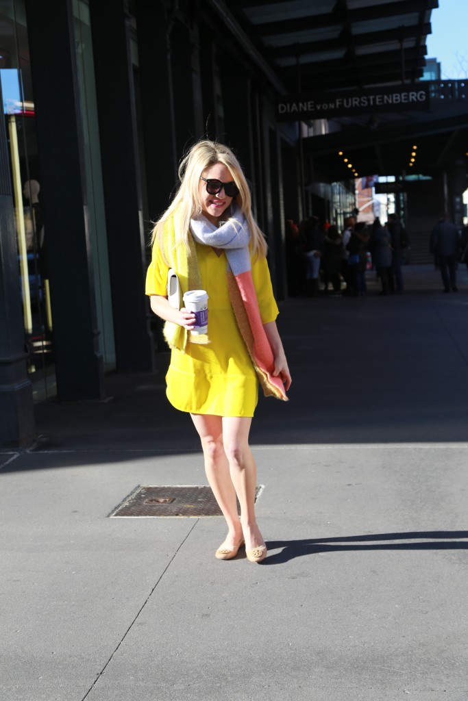 Caitlin Hartley of Styled American yellow shift dress, colorblock scarf