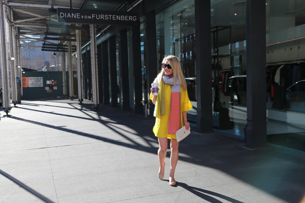 Caitlin Hartley of Styled American yellow dress, oversized scarf, tory burch flats