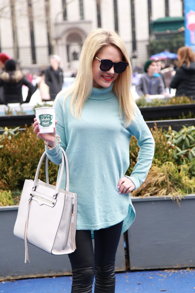 Caitlin Hartley of Styled American light blue turtleneck sweater