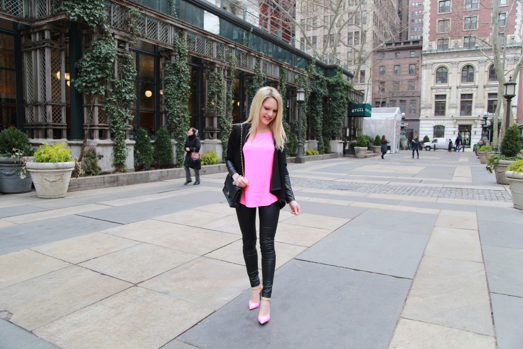 Caitlin-Hartley-of-Styled-American-black-leather-cardigan-leather-pants-pink-pumps