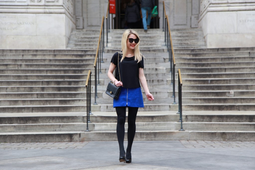 Caitlin Hartley of Styled American express style, black scalloped top