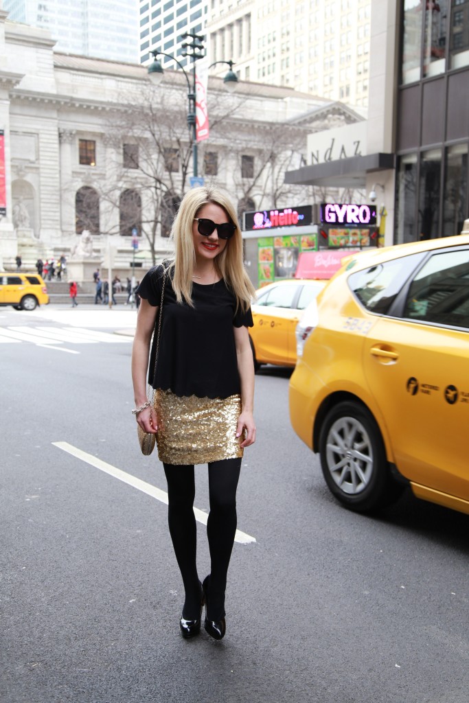 Caitlin Hartley of Styled American going out outfit, fancy skirt, yellow cabs