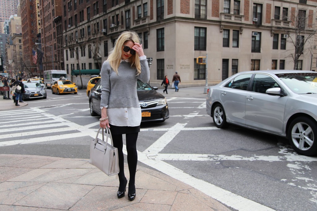 Caitlin Hartley of Styled American topshop sweater, black skirt and black pumps