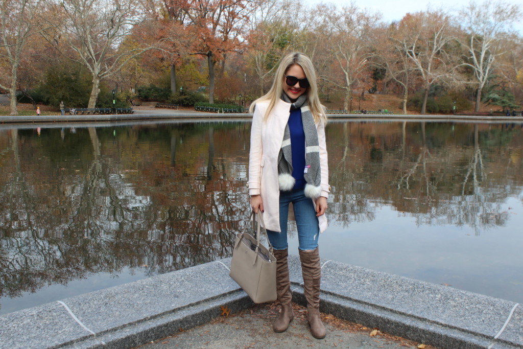 Caitlin Hartley of Styled American winter fashion, girl in front of lake in central park