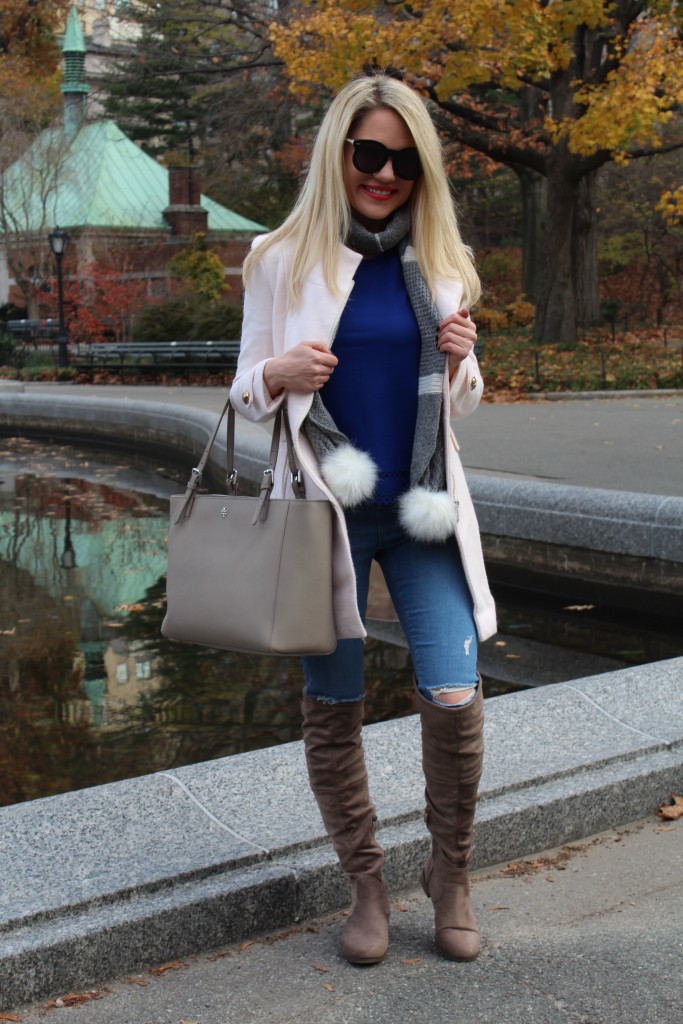 Caitlin Hartley of Styled American pom pom scarf, denim skinnies, suede boots