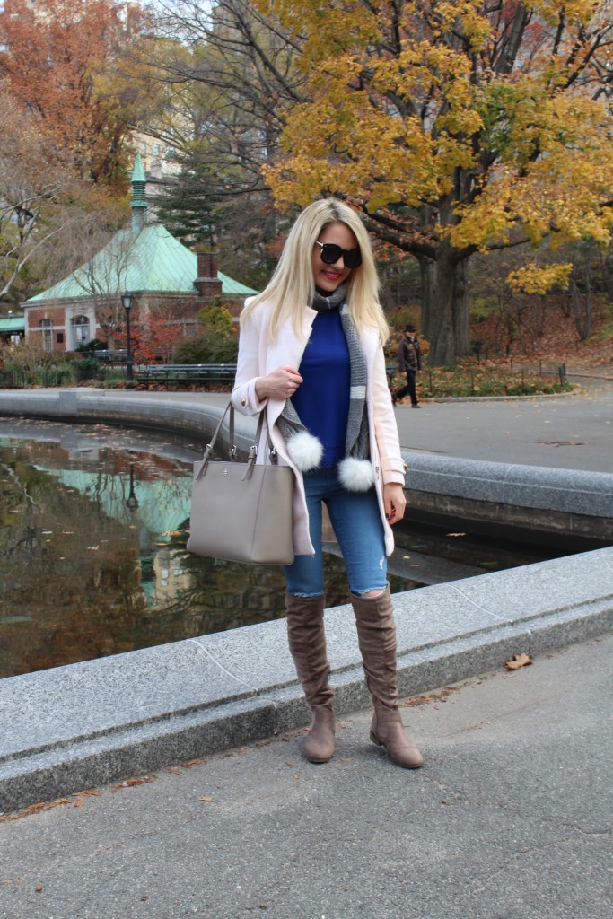 Caitlin Hartley of Styled American pom pom scarf
