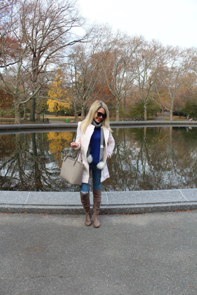 Caitlin Hartley of Styled American tory burch grey tote, grey suede boots, pom pom scarf