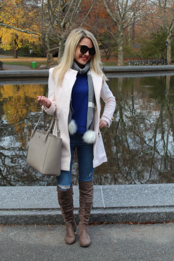 Caitlin Hartley of Styled American royal blue top, grey scarf, pink coat and denim skinny jeans