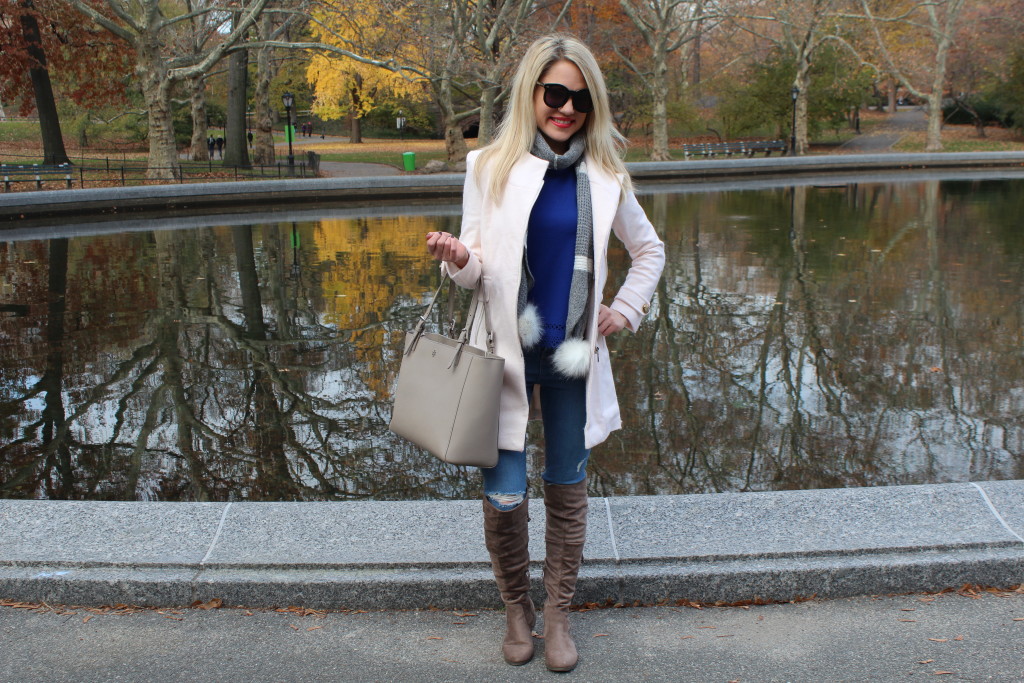 Caitlin Hartley of Styled American, light pink winter coat, suede boots, grey tote