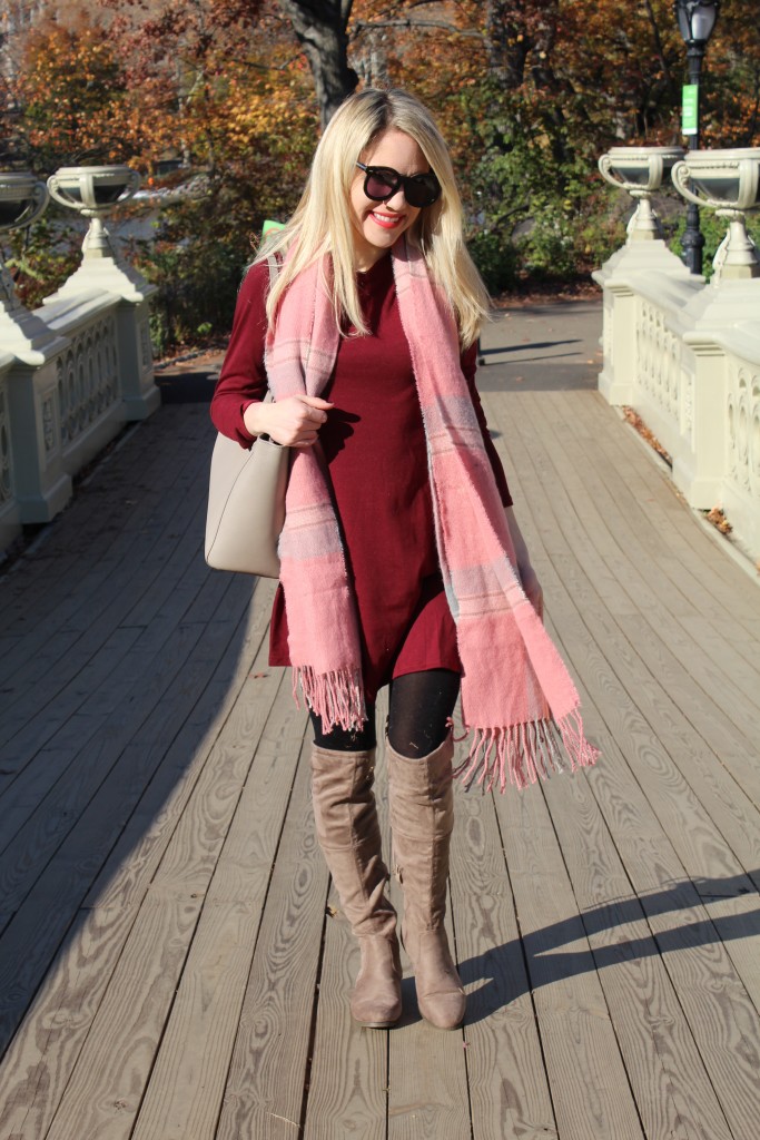 Caitlin Hartley of Styled American burgundy long sleeve dress, pink scarf, suede books