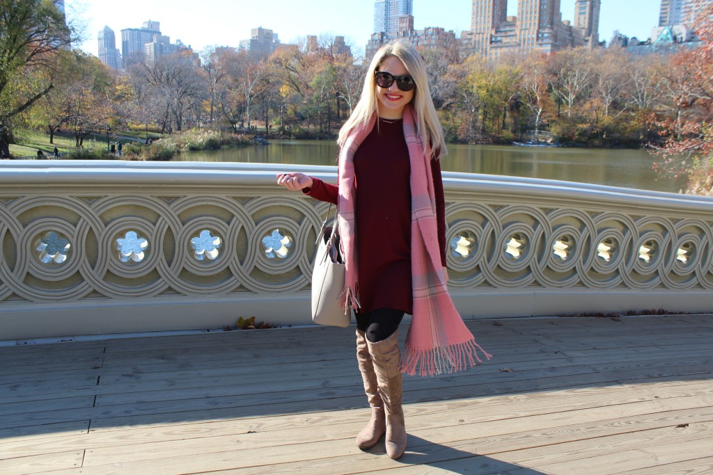 Caitlin Hartley of Styled American burgundy dress, girl on bow bridge