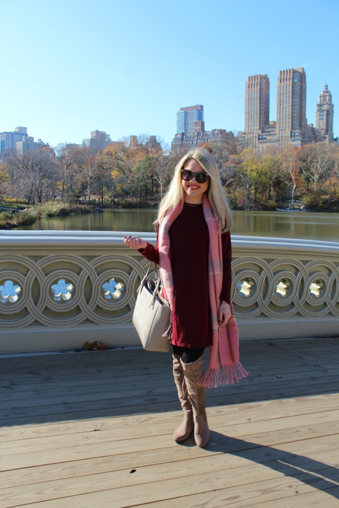 Caitlin Hartley of Styled American girl on bow bridge overlooking central park