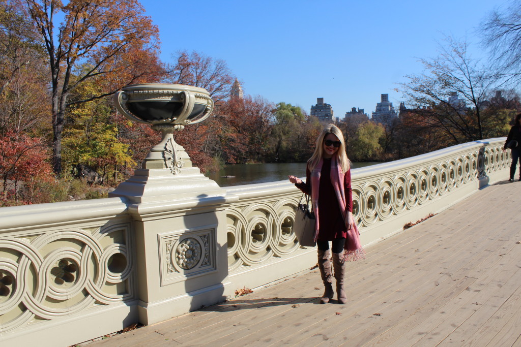 Caitlin Hartley of Styled American girl in central park on bow bridge 