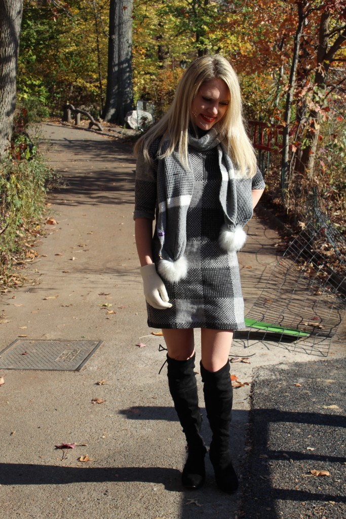Caitlin Hartley of Styled American grey check dress
