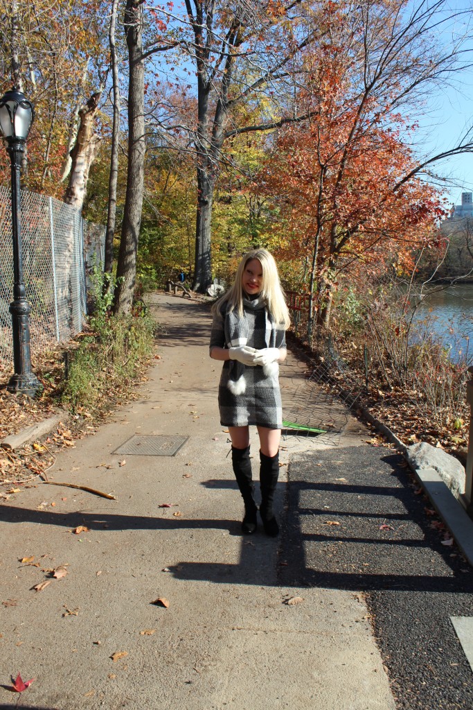 Caitlin Hartley of Styled American grey asos dress and over the knee black boots