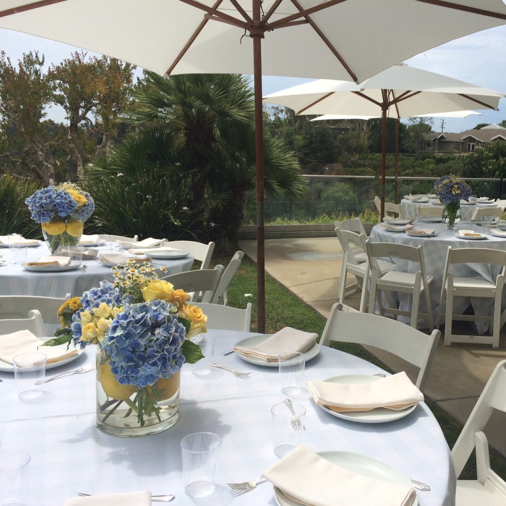Caitlin Hartley of Styled American baby boy's birthday party, tables with blue and yellow flowers in Malibu