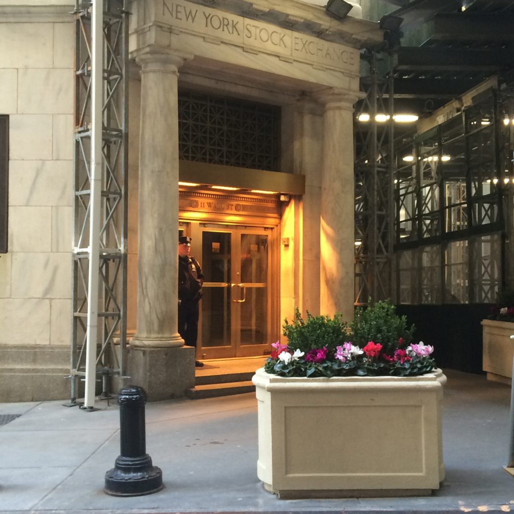 Caitlin Hartley of Styled American flowers in front of the new york stock exchange