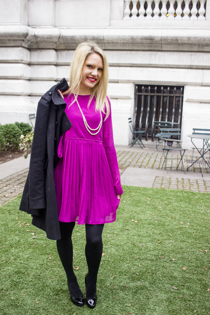 Caitlin Hartley of Styled American purple dress with long sleeves, asos style