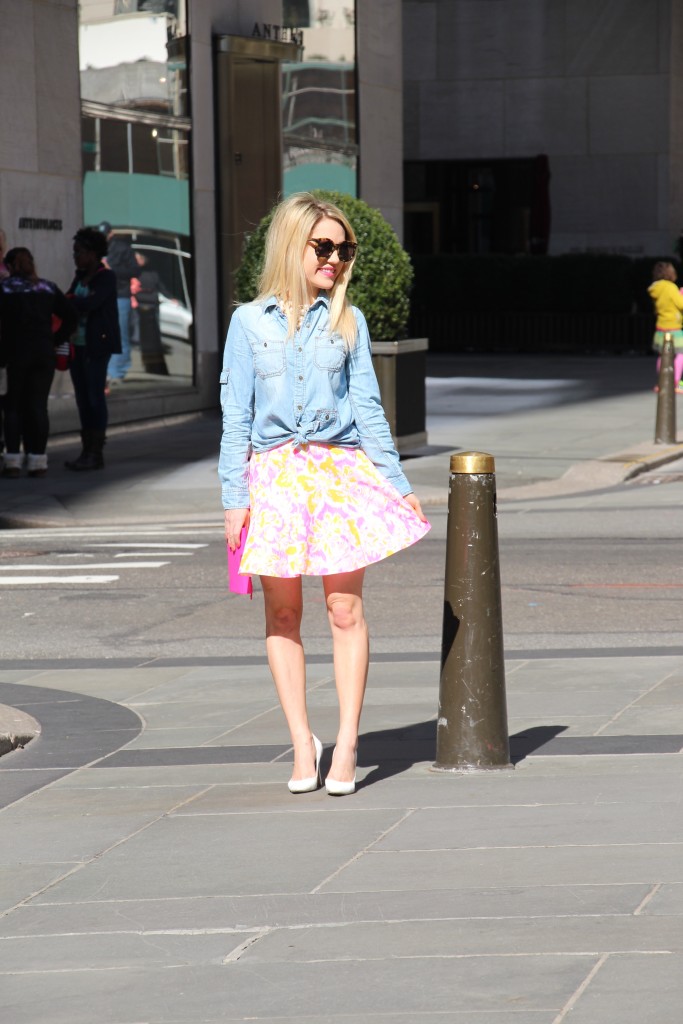 Caitlin Hartley of Styled American pink clutch, denim top, lilly pulitzer skirt