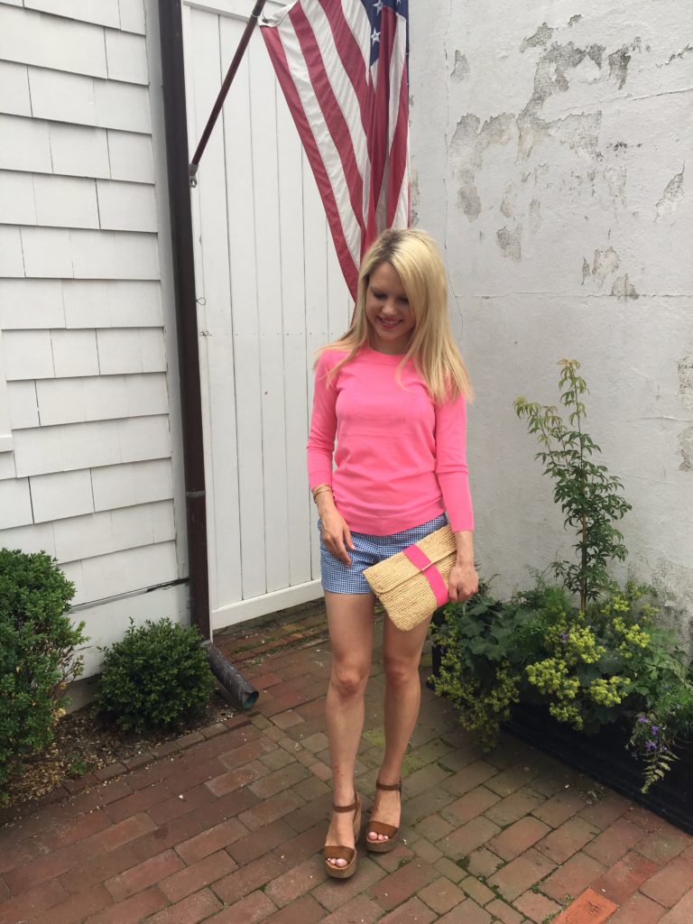 Caitlin-Hartley-of-Styled-American-pink-top-gingham-shorts-ribbon-clutch-randi-wedges