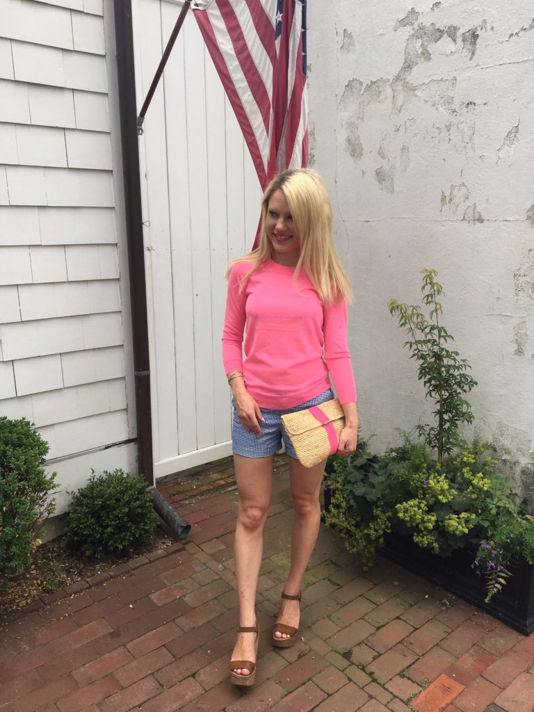 Caitlin-Hartley-of-Styled-American-jcrew-sweater-gingham-shorts-summer-clutch