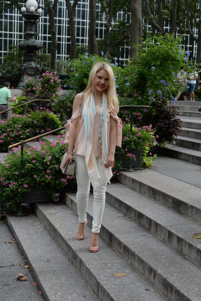 tassel-scarf-pink-top-white-denim-nude-heels