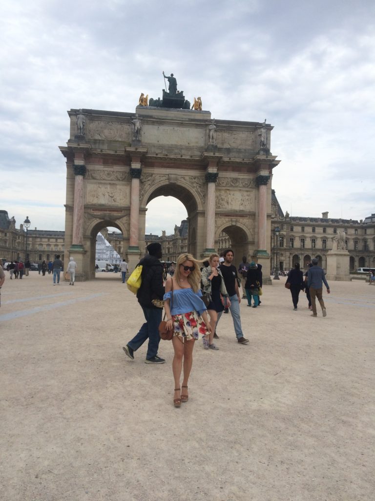 floral-skirt-blue-off-the-shoulder-top-wedges-american-in-paris