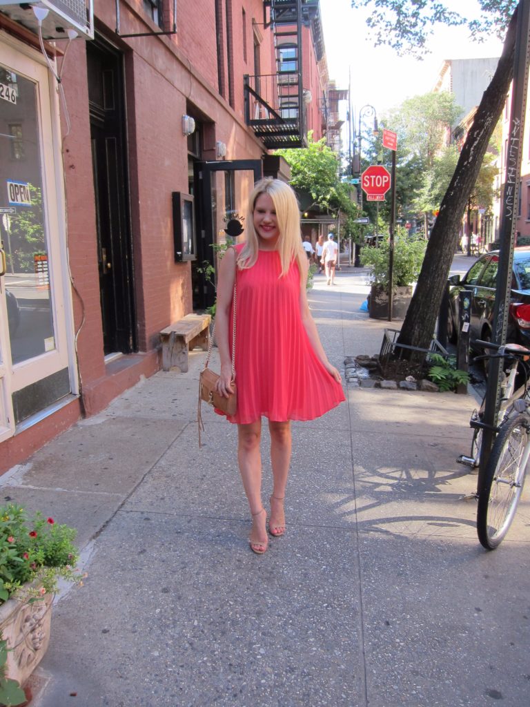 pleated-dress-nude-heels-brown-bag